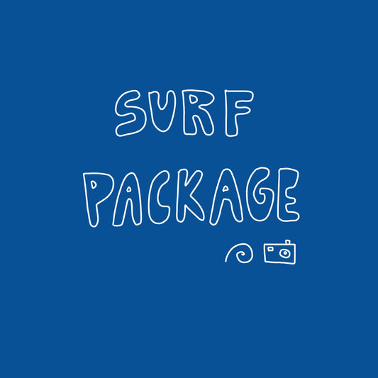 The words "Surf Package" is written in a fun playful, hand-drawn font against a blue background.