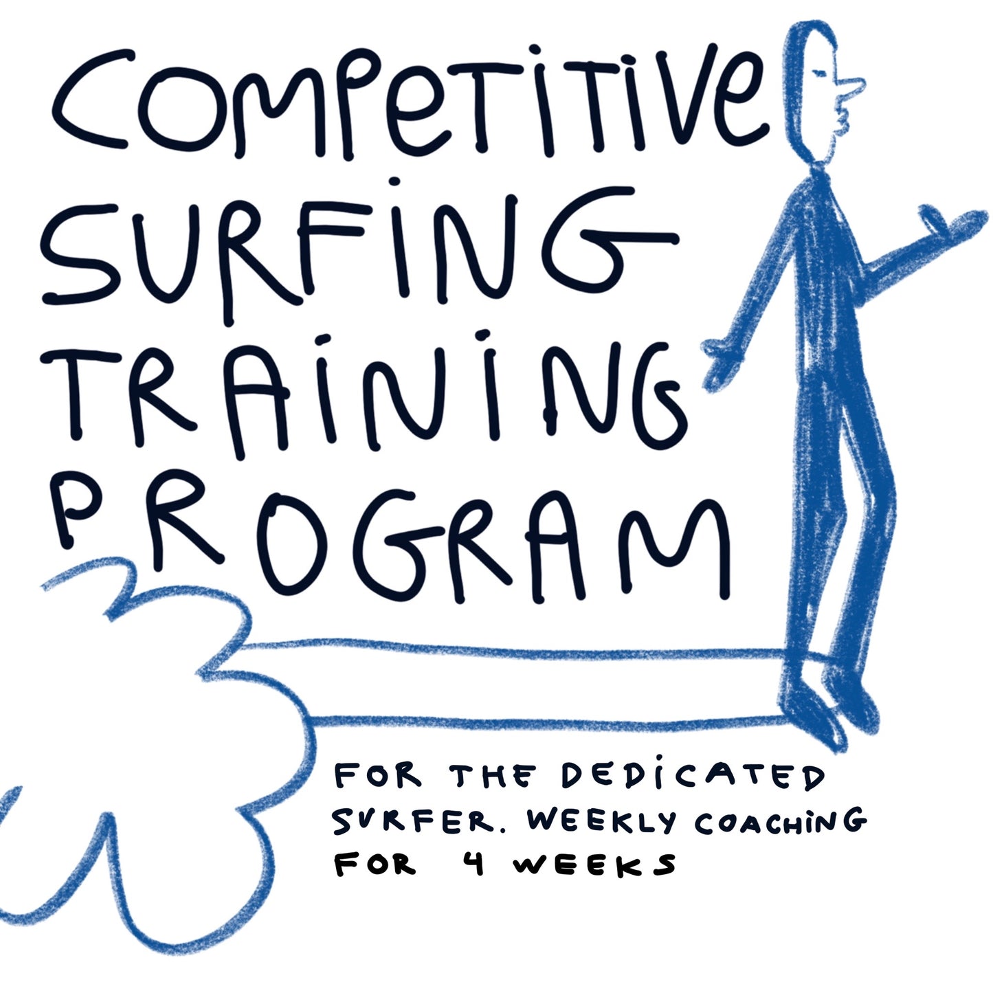 Illustrated promotional flyer for a 'Competitive Surfing Training Program.' The text is hand-drawn in a casual, playful font. On the right, a simple blue sketch of a person stands on what appears to be a surfboard, with waves below. The program offers weekly coaching for 4 weeks, aimed at dedicated surfers.