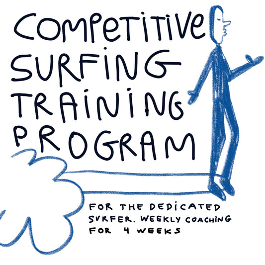 Illustrated promotional flyer for a 'Competitive Surfing Training Program.' The text is hand-drawn in a casual, playful font. On the right, a simple blue sketch of a person stands on what appears to be a surfboard, with waves below. The program offers weekly coaching for 4 weeks, aimed at dedicated surfers.