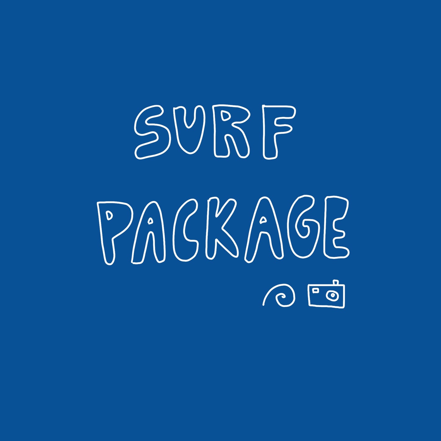 The words "Surf Package" is written in a fun playful, hand-drawn font against a blue background. 