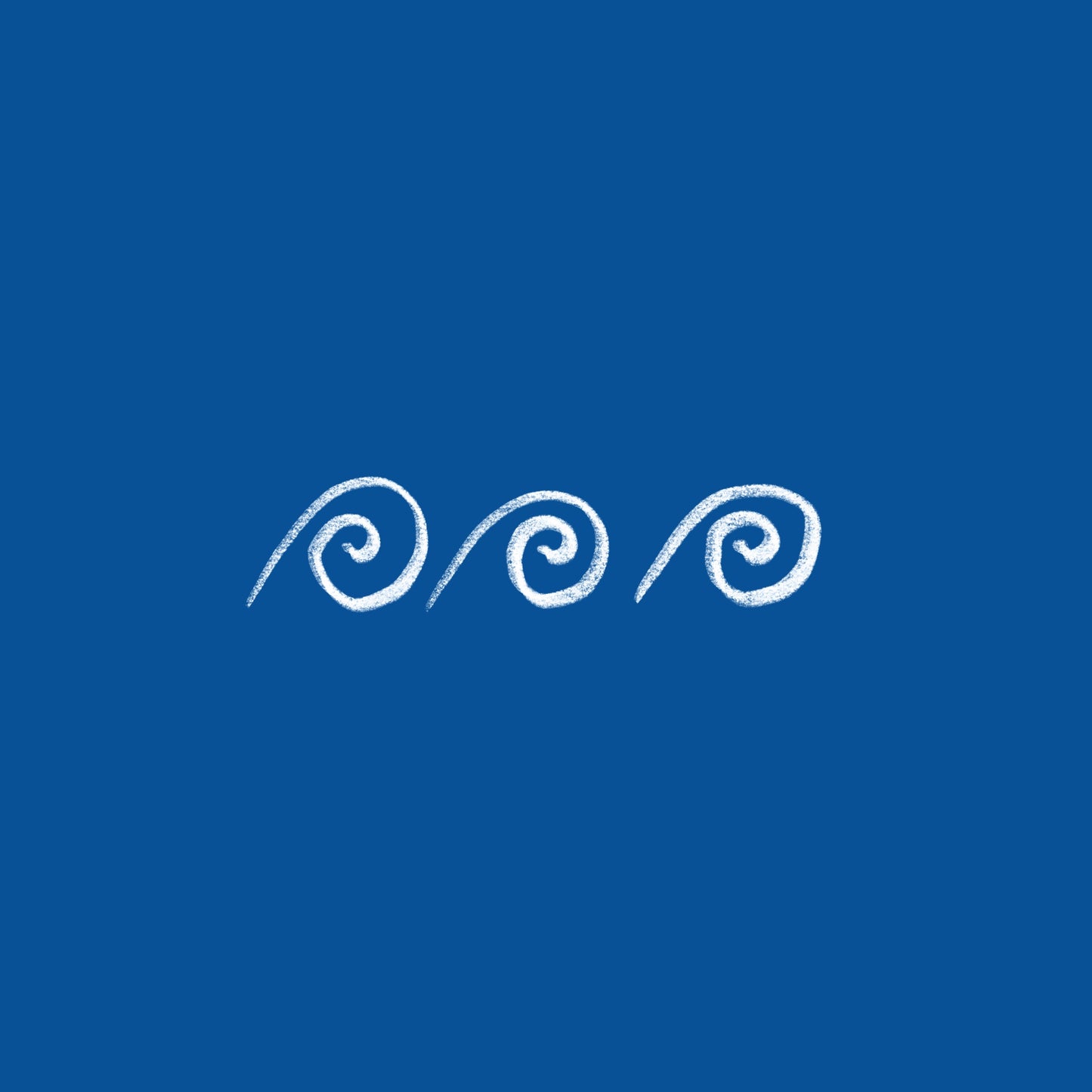 Three swirled wave-like shapes are sketched in white on a blue backgorund.