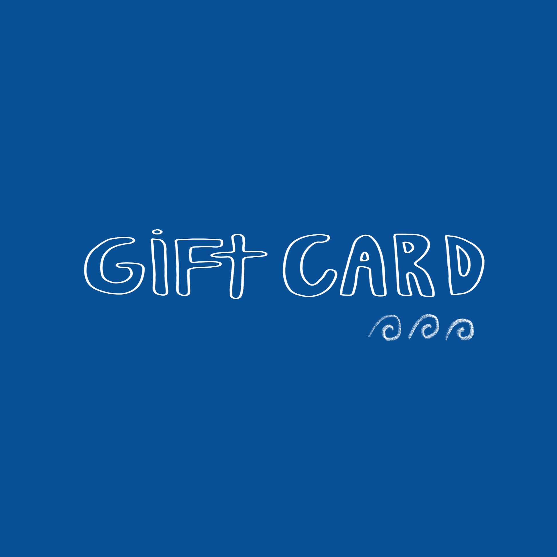 The words "Gift Card" are written in a sketchy playful font on a blue background. 