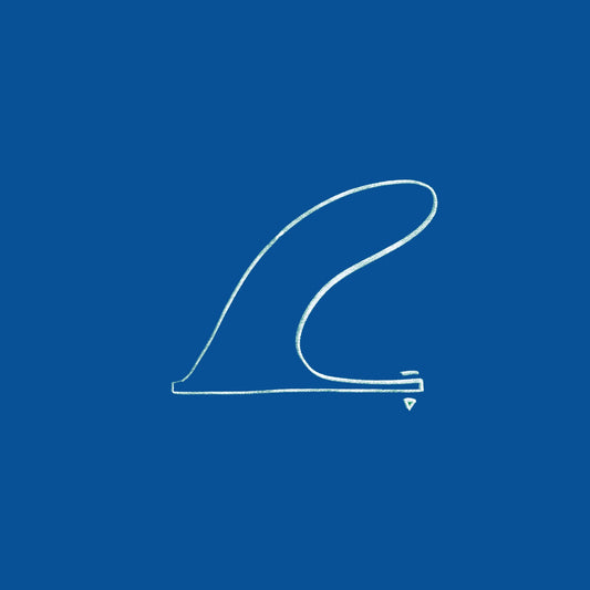 A surf fin is sketched in white on a blue background 