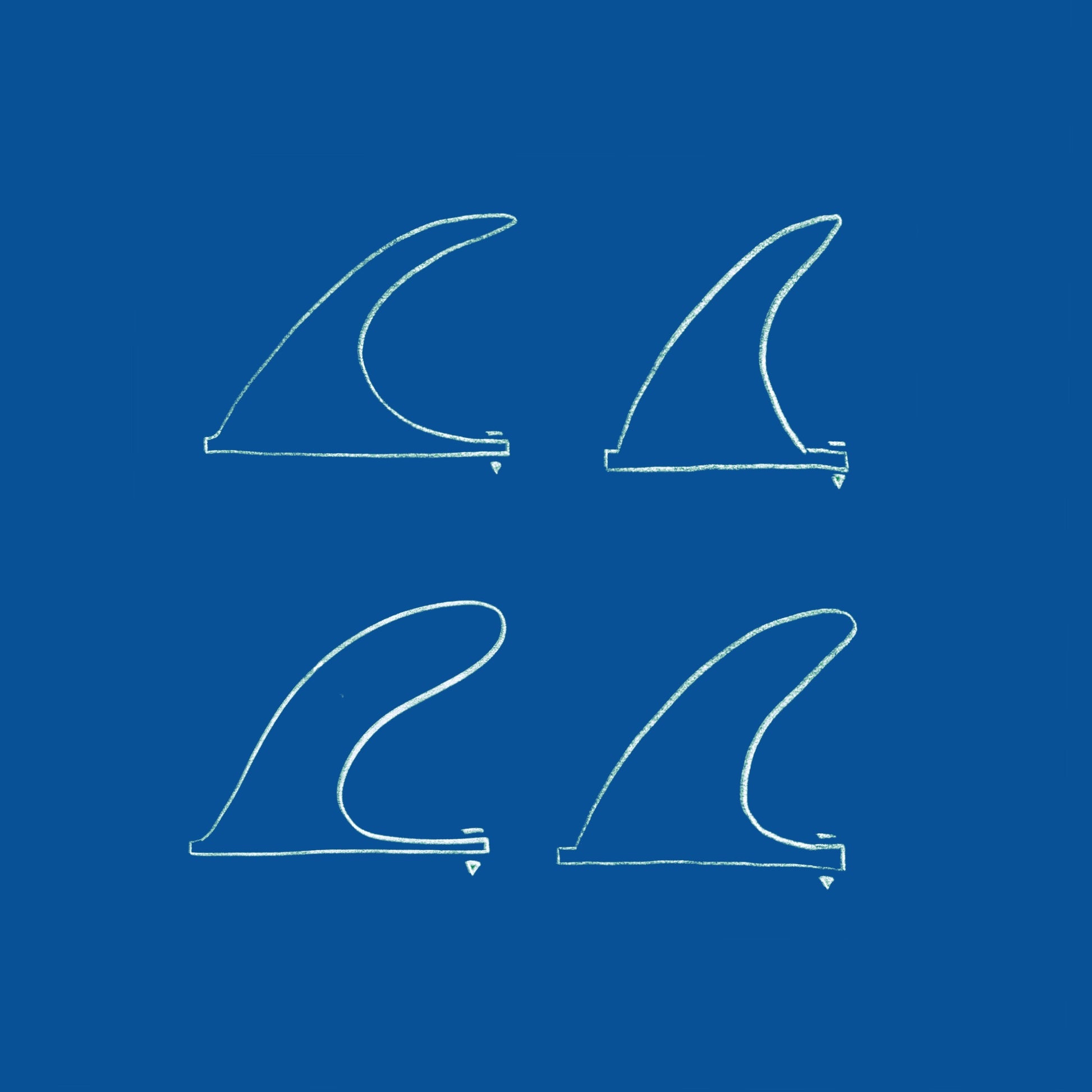 Four hand-drawn, sketchy style surf fins are pictured agains a blue background. 